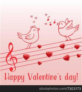 Music notes of red hearts and couple of love birds on a pink background. Greeting card for Saint Valentine’s day. Vector illustration.