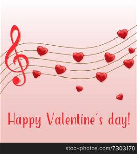 Music notes of red hearts on a pink background. Greeting card for Saint Valentine’s day. Vector illustration.