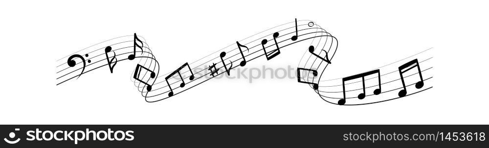 Music notes silhouettes. Musical swirl flowing melody waves vector abstract illustration. Music notes silhouettes. Musical swirl flowing waves vector abstract illustration