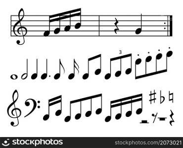 Music notes silhouettes. Treble and bass clefs, musical rulers, graphic piece writing, sound classic melody art, black signs and symbols, education elements vector isolated on white background set. Music notes silhouettes. Treble and bass clefs, musical rulers, graphic piece writing, sound classic melody art, black signs and symbols, education elements vector isolated set