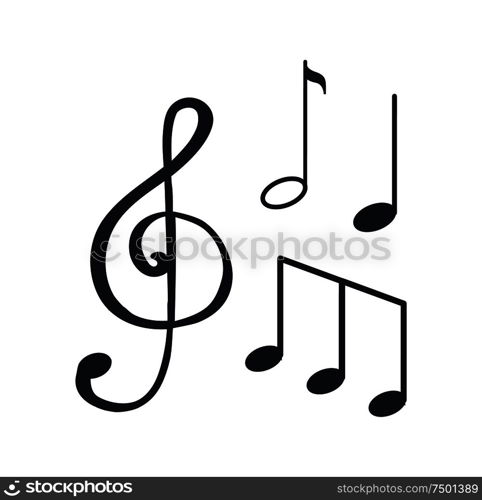 Music notes, sketches isolated icons closeup, melody design vector. Sounds in visual representation, sheet musical elements. Crotchet and clef treble. Music Notes, Sketches Icons Closeup Melody Design