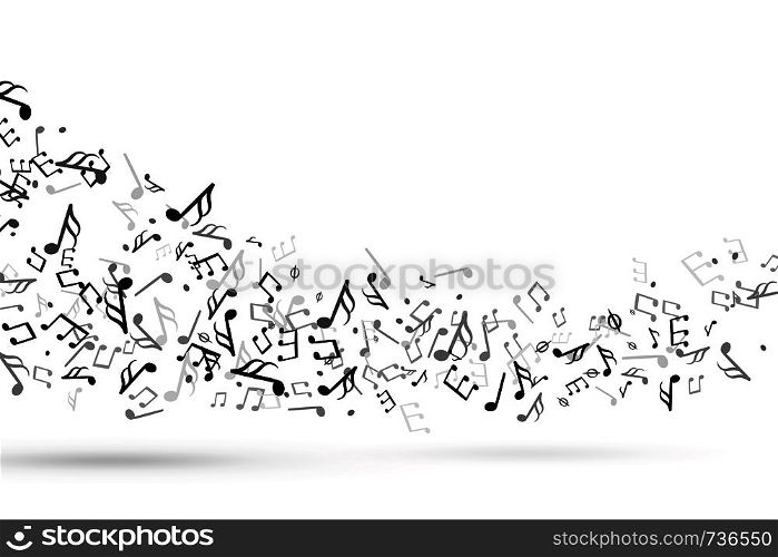 Music notes swirl. Wave with notes musical stave key harmony, symphony melody flowing music staff treble clef. Tuning swirling decoration vector background. Music notes swirl. Wave with notes musical stave key harmony, symphony melody flowing music staff treble clef vector background