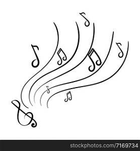 Music, notes, treble clef, stave. Concept of listening or practicing music. Linear black and white graphics.. Music, notes, treble clef. Concept of listening or practicing music. Linear black and white graphics