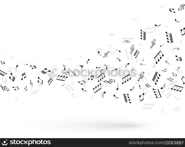 Music notes wave. Swirl black note bearer, symphony stave key harmony, flowing sound graphic, pouring melody, treble clef, poster or banner, vector black elements isolated on white background concept. Music notes wave. Swirl black note bearer, symphony stave key harmony, flowing sound graphic, pouring melody, treble clef, poster or banner, vector black elements isolated concept