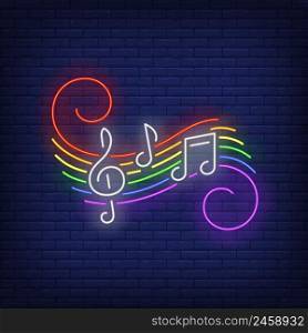 Music notes with LGBT colors neon sign. Homosexuality, tolerance, discrimination design. Night bright neon sign, colorful billboard, light banner. Vector illustration in neon style.
