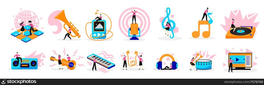 Music online symbols note instruments electronic devices flat icons set with treble clef guitar player vector illustration