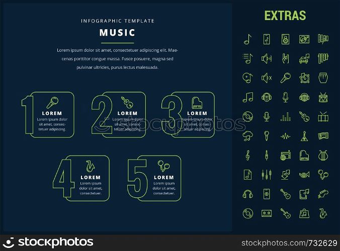 Music options infographic template, elements and icons. Infograph includes line icon set with musical instruments, music notes, mic, smartphone with mobile application, vinyl record, equalizer etc.. Music infographic template, elements and icons.
