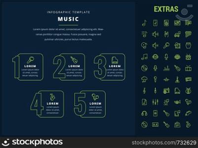 Music options infographic template, elements and icons. Infograph includes line icon set with musical instruments, music notes, mic, smartphone with mobile application, vinyl record, equalizer etc.. Music infographic template, elements and icons.