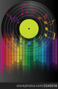 Music Party Background - Retro Vinyl Record and Spectral Equalizer on Dark Background