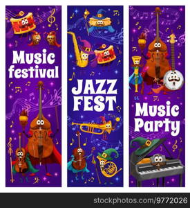 Music party, jazz festival banners. Wizard musical instrument characters, sound waves and notes. Orchestra magician drum, piano, saxophone and trumpet, violin and maracas vector personages. Wizard musical instrument characters, music party