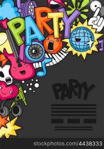 Music party kawaii background. Musical instruments, symbols and objects in cartoon style.
