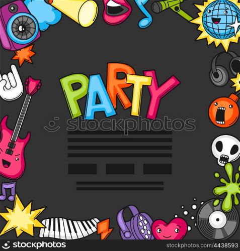 Music party kawaii background. Musical instruments, symbols and objects in cartoon style.
