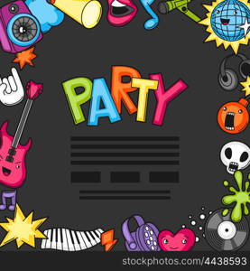 Music party kawaii background. Musical instruments, symbols and objects in cartoon style.