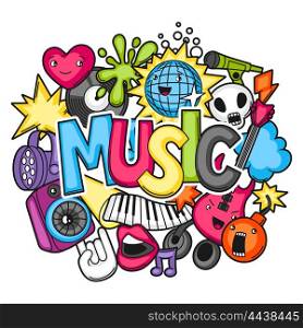 Music party kawaii design. Musical instruments, symbols and objects in cartoon style.