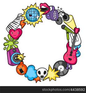 Music party kawaii frame. Musical instruments, symbols and objects in cartoon style.