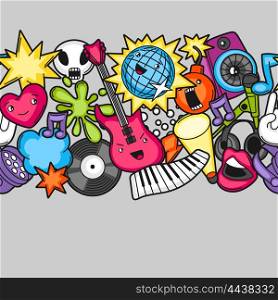 Music party kawaii seamless pattern. Musical instruments, symbols and objects in cartoon style.