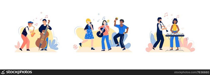 Music people compositions set with flat human characters of musicians playing musical instruments on blank background vector illustration