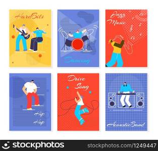 Music People Festival Cards Set. Hard Bits, Dancing, Jazz Music, Hip Hop, Drive Song, Acoustic Band Flayers. Man Woman Playing Musical Instruments, Singing. Advertising Flat Design Vector Illustration. Music People Fest Cards Flat Vector Illustration