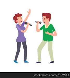 Music performance by duo, couple man and woman vector. People singing, adults holding microphones expressing emotions. Vocals vocalists singers together. Music Performance by Duo, Couple Man and Woman