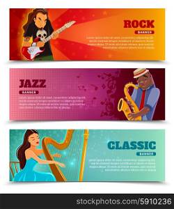 Music performance flat banners set. Rock festival jazz and classic music concert with performing harpist flat banners set abstract isolated vector illustration
