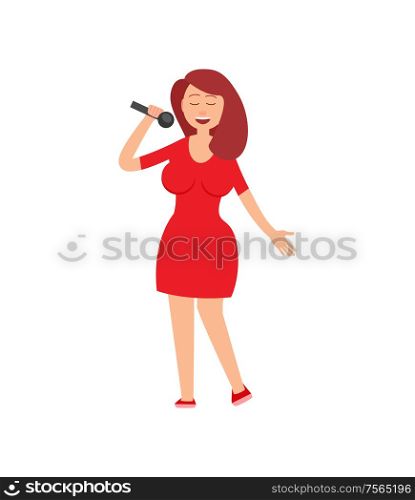Music performance, lady holding mike in hands vector. Concert performer dressed in red clothes, woman singing at karaoke club, vocalist female with mic. Music Performance, Lady Holding Mike in Hands