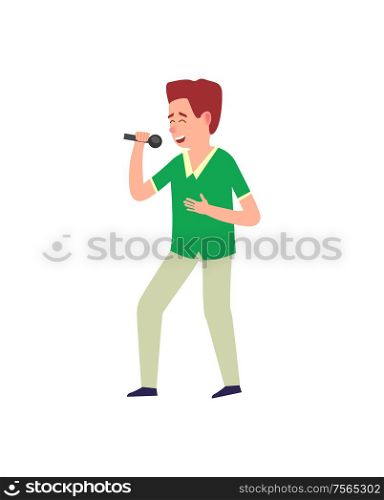 Music performance man expressing his feelings vector. Emotional singer on stage with microphone, person using mike and gesturing on concert male with mike. Music Performance Man Expressing Singing Isolated