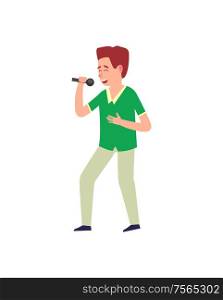 Music performance man expressing his feelings vector. Emotional singer on stage with microphone, person using mike and gesturing on concert male with mike. Music Performance Man Expressing Singing Isolated