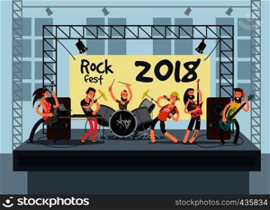 Music performance on stage with young musicians. Rock concert vector background. Musician group with guitarist, keyboardist and vocalist illustration. Music performance on stage with young musicians. Rock concert vector background