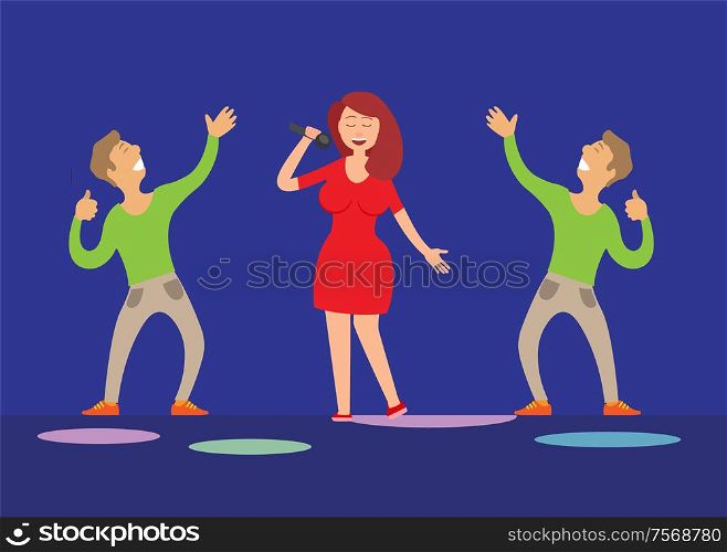 Music performance, singer with microphone and dancers vector. Dancing people male glad to listen to lady vocals. Solo artist musician and dancing fans. Music Performance, Singer with Microphone Dancers
