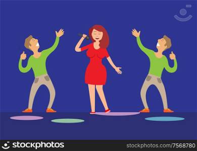 Music performance, singer with microphone and dancers vector. Dancing people male glad to listen to lady vocals. Solo artist musician and dancing fans. Music Performance, Singer with Microphone Dancers