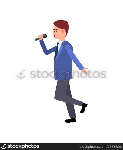 Music performer, male with mike dancing and gesturing vector. Solo karaoke sound, movements of artistic person, character wearing suit, walking around. Music Performer, Male with Mike Dancing Gesturing