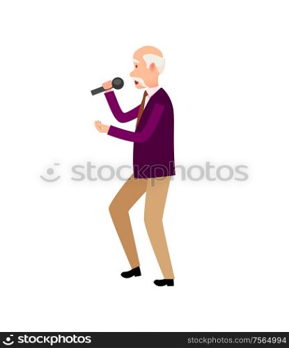 Music performer, old male holding microphone isolated vector. Human wearing formal clothes relaxing at karaoke club, singer vocalist, pensioner solo. Music Performer, Male Holding Microphone Isolated
