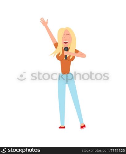 Music performer, person entertaining people isolated vector. Woman raising hands up, stretching arms, holding microphone and gesturing singing lady. Music Performer, Person Entertaining Isolated