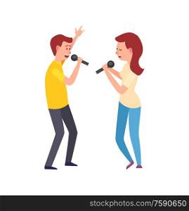 Music performers, singing characters man and woman vector. Lady and gentleman holding microphones, vocalists entertaining, girl and boy leisure hobby. Music Performers, Singing Characters Man and Woman