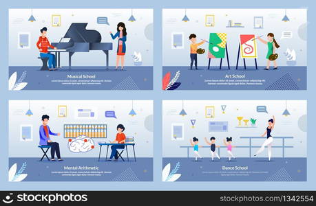 Music Piano Lesson, Art Drawing, Dance, Mental Arithmetic Courses Flat Banner Set. Cartoon Professional Teacher, Children, Adults Characters. Education, Creative Subjects. Vector Cartoon Illustration. Music, Art, Dance, Mental Arithmetic Courses Set