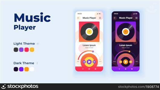 Music player cartoon smartphone interface vector templates set. Mobile app screen page day and dark mode design. Online streaming service. Broadcasting songs UI for application. Phone display. Music player cartoon smartphone interface vector templates set