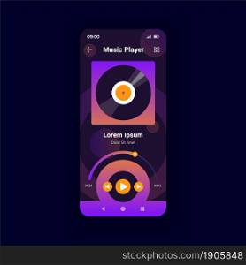 Music player dark smartphone interface vector template. Mobile app page design layout. Playing song from online album. Streaming playlist. Multimedia screen. Flat UI for application. Phone display. Music player dark smartphone interface vector template