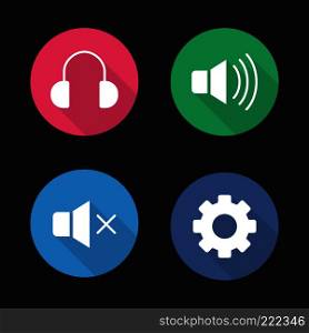 Music player menu buttons. Flat design long shadow icons set. Mute on and off, headphones and settings gear. Vector silhouette illustration. Music player menu buttons