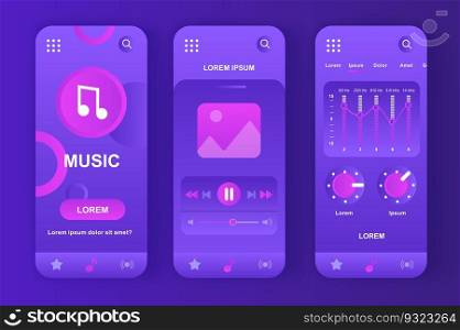 Music player unique neomorphic purple design kit for. Audio app with music tracklist navigation, graphic equalizer screens. Music listening UI, UX template set. GUI for responsive mobile application.