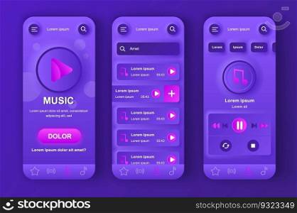 Music player unique neumorphic design kit for app. Favorite playlist with tracks, search music and audio streaming. Online music listening UI, UX template set. GUI for responsive mobile application.