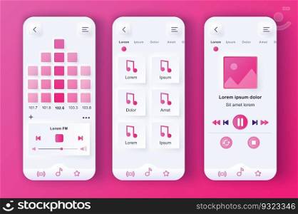 Music player unique neumorphic pink design kit. Audio app with graphic equalizer, playlist navigation and FM radio screens. Music listening UI, UX template set. GUI for responsive mobile application.