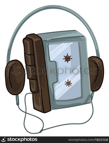 Music player with buttons and headphones, retro old school cassette with recorded songs. Listening to audio from audiotape, 1980s gadgets and modern electronic technologies. Vector in flat style. Retro cassette player with headset, music playing