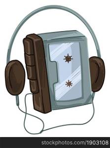 Music player with buttons and headphones, retro old school cassette with recorded songs. Listening to audio from audiotape, 1980s gadgets and modern electronic technologies. Vector in flat style. Retro cassette player with headset, music playing