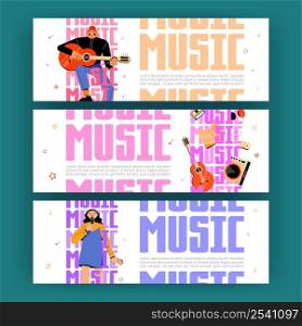 Music posters with singer and musician girls with guitar. Vector horizontal banners with flat illustration of women artists with microphone and instrument perform on concert, show or festival. Music posters with singer and musician with guitar