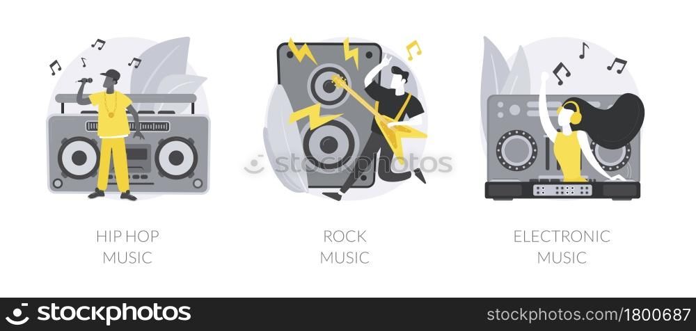 Music preference abstract concept vector illustration set. Hip-hop music, rock and electronic, night club party, outdoor festival, rave culture, DJ set, performance online abstract metaphor.. Music preference abstract concept vector illustrations.