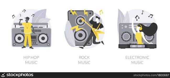 Music preference abstract concept vector illustration set. Hip-hop music, rock and electronic, night club party, outdoor festival, rave culture, DJ set, performance online abstract metaphor.. Music preference abstract concept vector illustrations.
