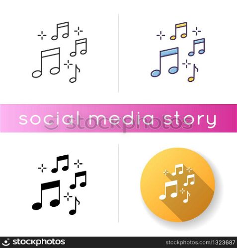 Music quarter notes icon. Playing melody. Harmonious sound. Musical signature. Acoustic tune. Symphony symbols. Pop band rhythm. Linear black and RGB color styles. Isolated vector illustrations