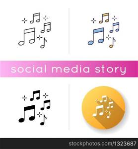 Music quarter notes icon. Playing melody. Harmonious sound. Musical signature. Acoustic tune. Symphony symbols. Pop band rhythm. Linear black and RGB color styles. Isolated vector illustrations