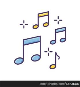 Music quarter notes RGB color icon. Playing melody. Harmonious sound. Musical signature. Acoustic tune. Symphony symbols. Sing clef notation. Pop band rhythm. Isolated vector illustration