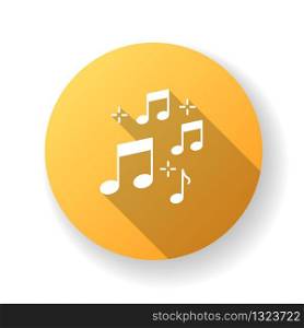 Music quarter notes yellow flat design long shadow glyph icon. Playing melody. Harmonious sound. Musical signature. Acoustic tune. Symphony symbols. Pop band rhythm. Silhouette RGB color illustration